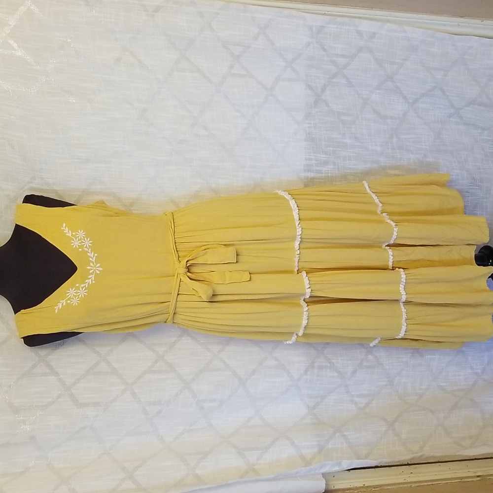 Joie Midi Dress Womens Size 10 Yellow Embroidered Gauzy Summer Tie Waist